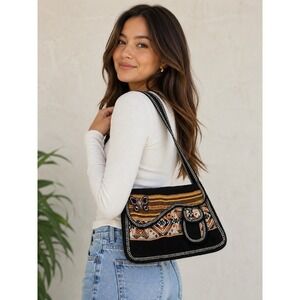 Boho Woven Crossbody Shoulder Bag Black Brown Butterfly Ethnic Textile Purse